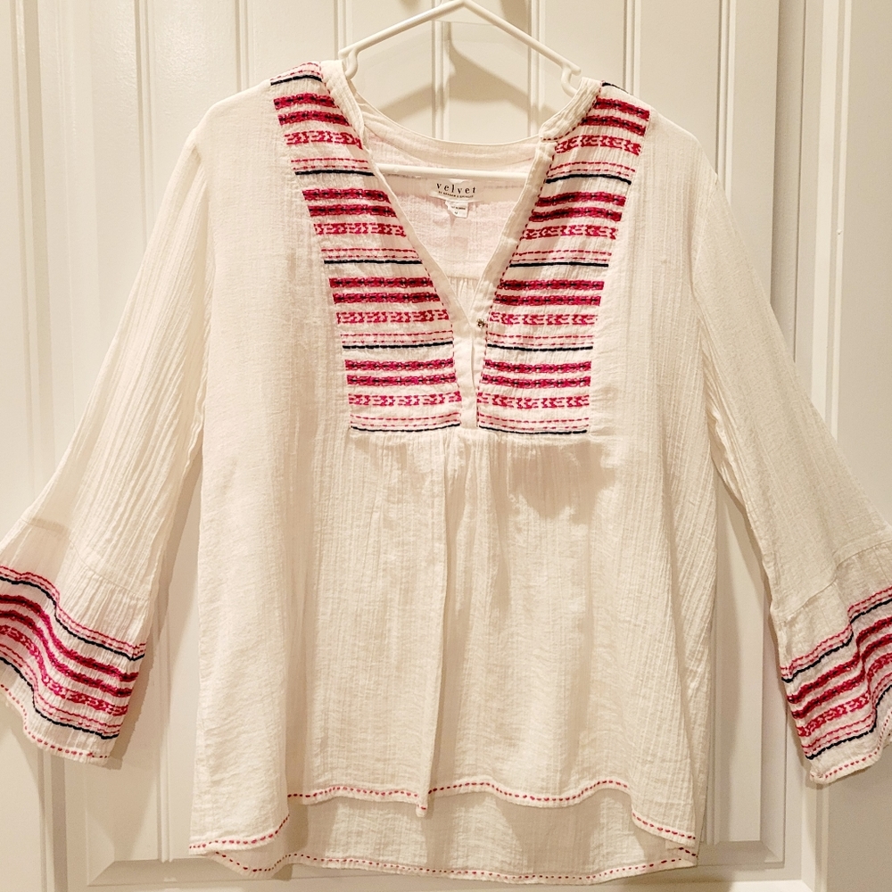 Velvet By Graham & Spencer Gauze Peasant Top With Embroidery Sz M